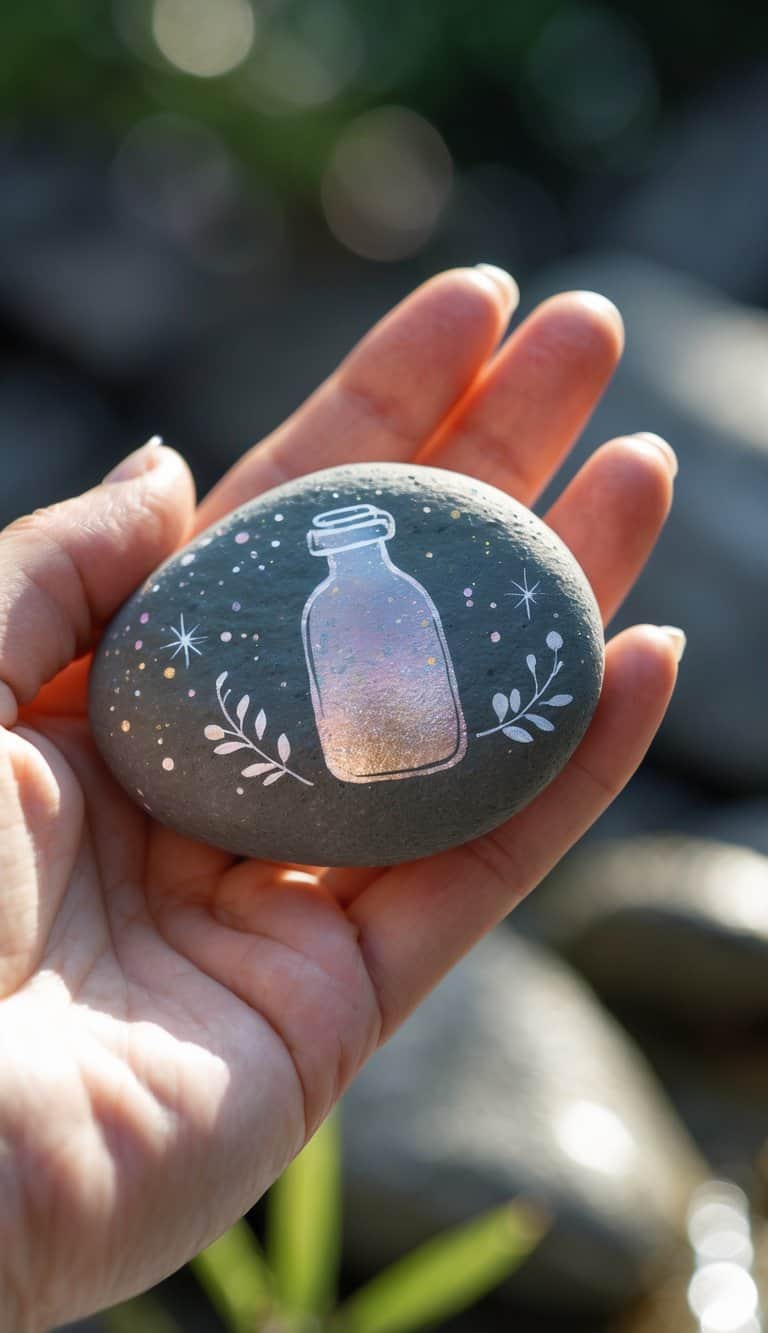 A hand holding a smooth painted river rock with a simple fairy dust inspired design.