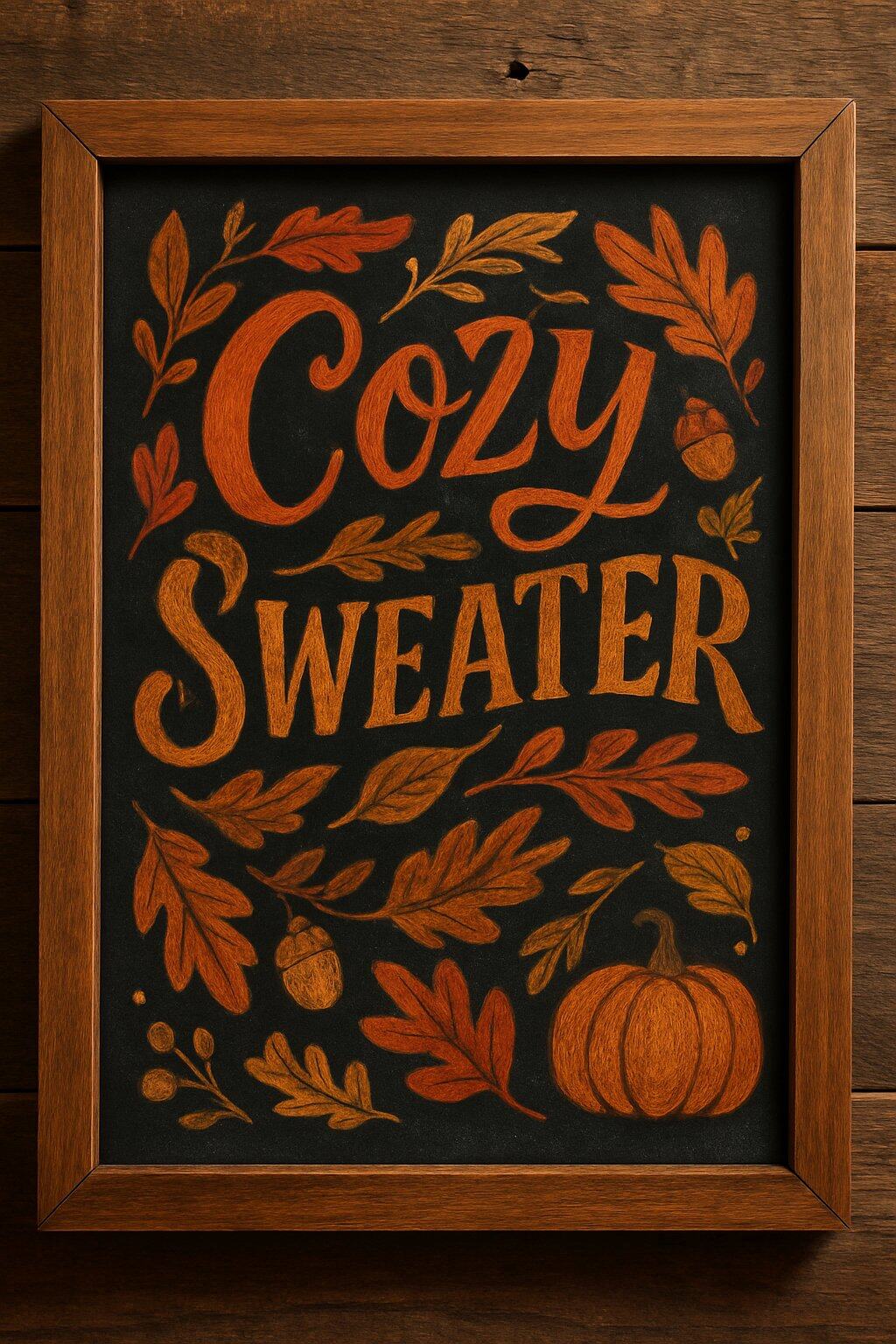 A rustic wood framed chalkboard sign decorated with autumn leaves and seasonal motifs on a wooden surface with warm natural light.