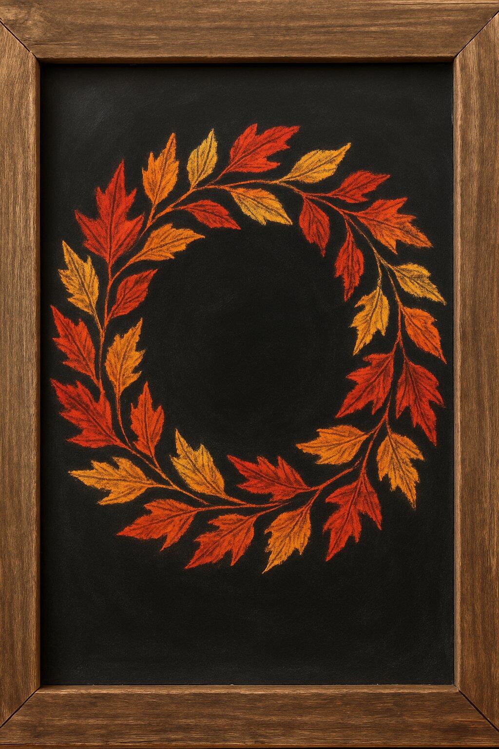 A chalkboard with a wooden frame displaying a colorful autumn leaves wreath in red, orange, and gold chalk.