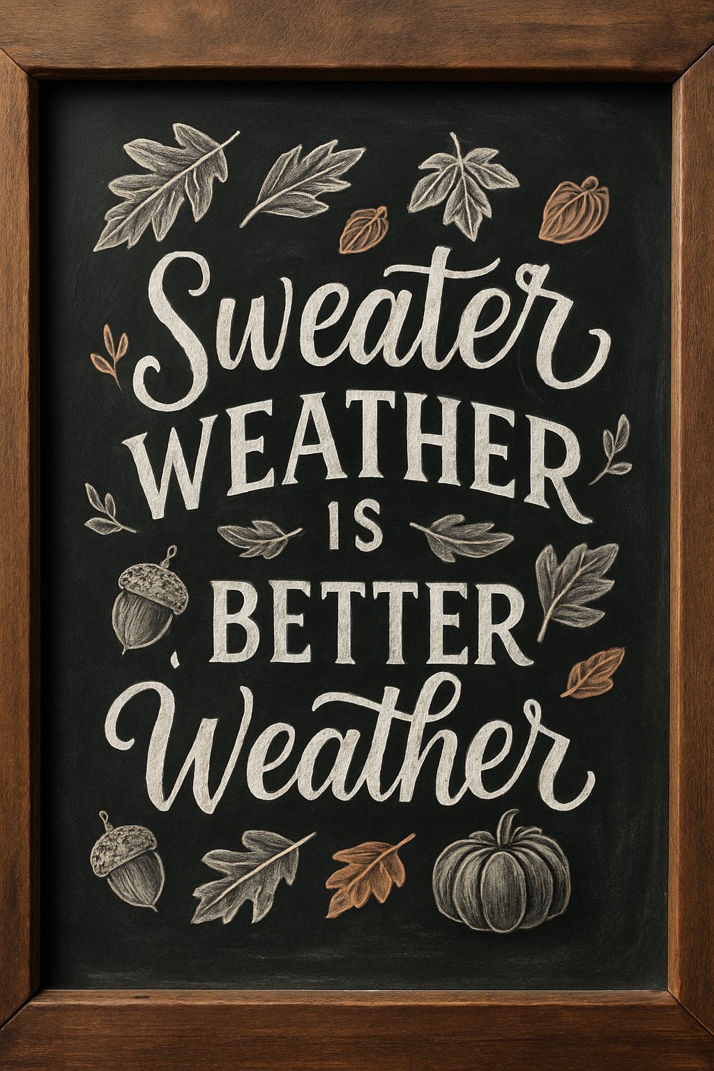 A rustic wood framed chalkboard sign with artistic fall-themed illustrations including leaves and pumpkins, displayed in natural light.