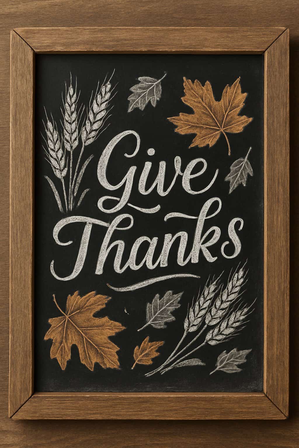 A wood-framed chalkboard sign decorated with hand-drawn wheat stalks and autumn leaves surrounding artistic lettering.