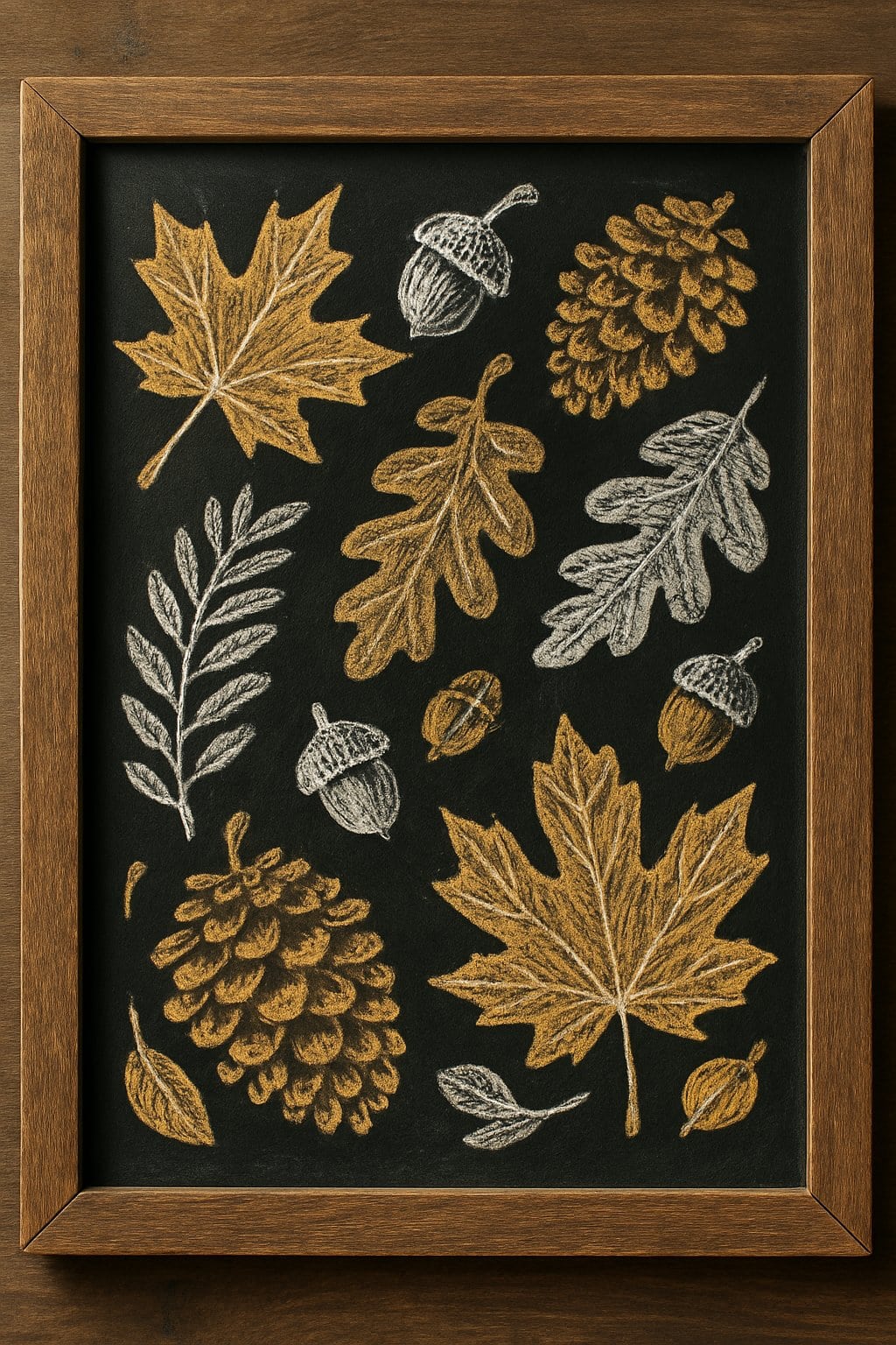 A wood framed chalkboard decorated with illustrations of autumn leaves and pinecones arranged around the board.
