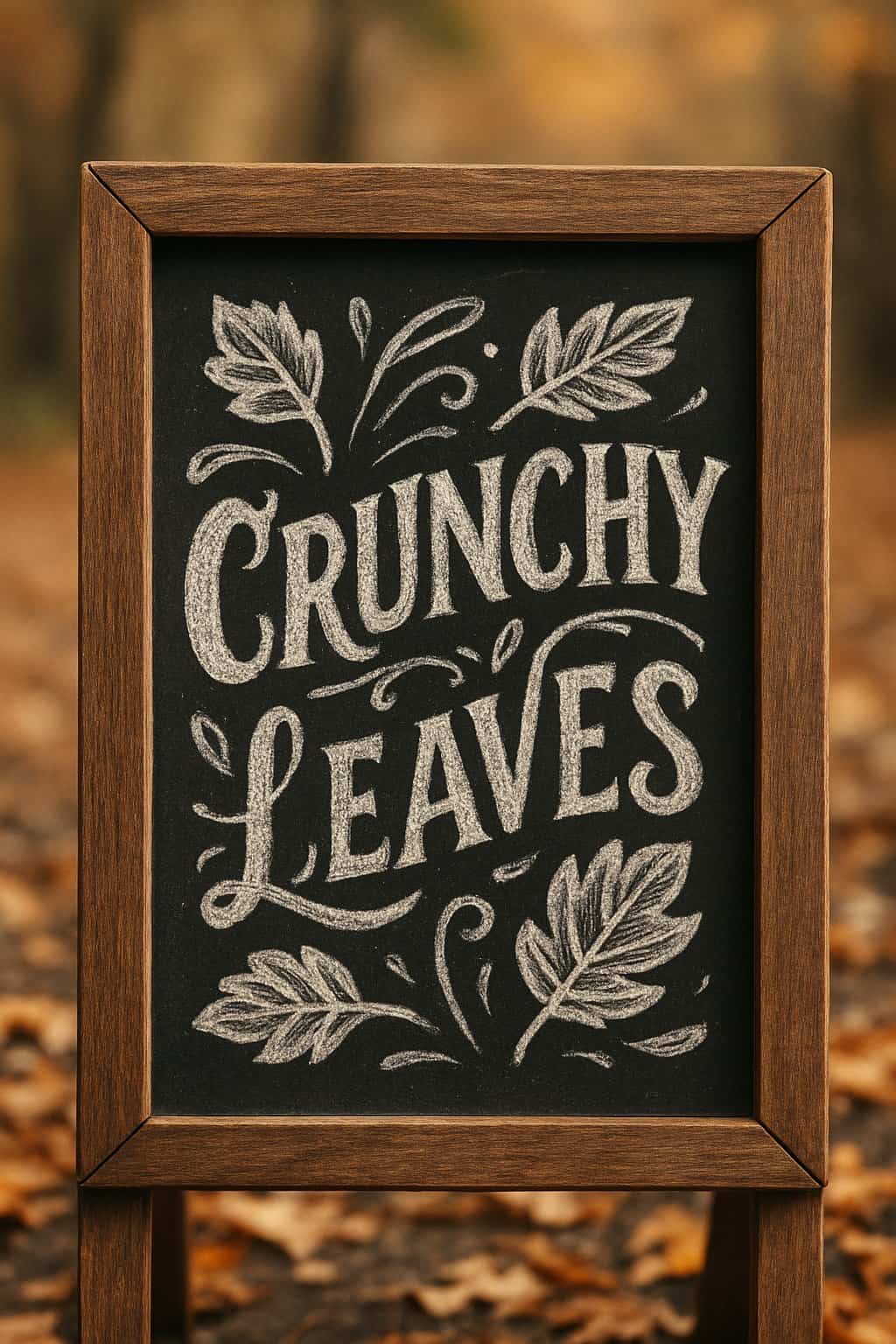 A wooden framed chalkboard sign with artistic leaf designs and decorative lettering elements set against a cozy fall background.