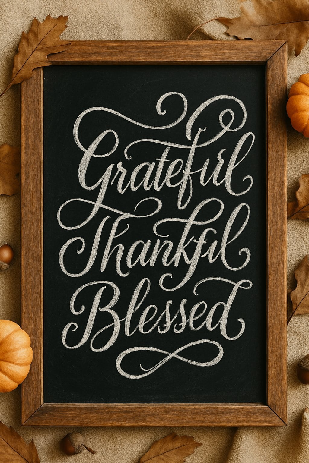 A wood framed chalkboard sign with artistic white chalk lettering surrounded by autumn leaves, small pumpkins, and acorns on a rustic surface.