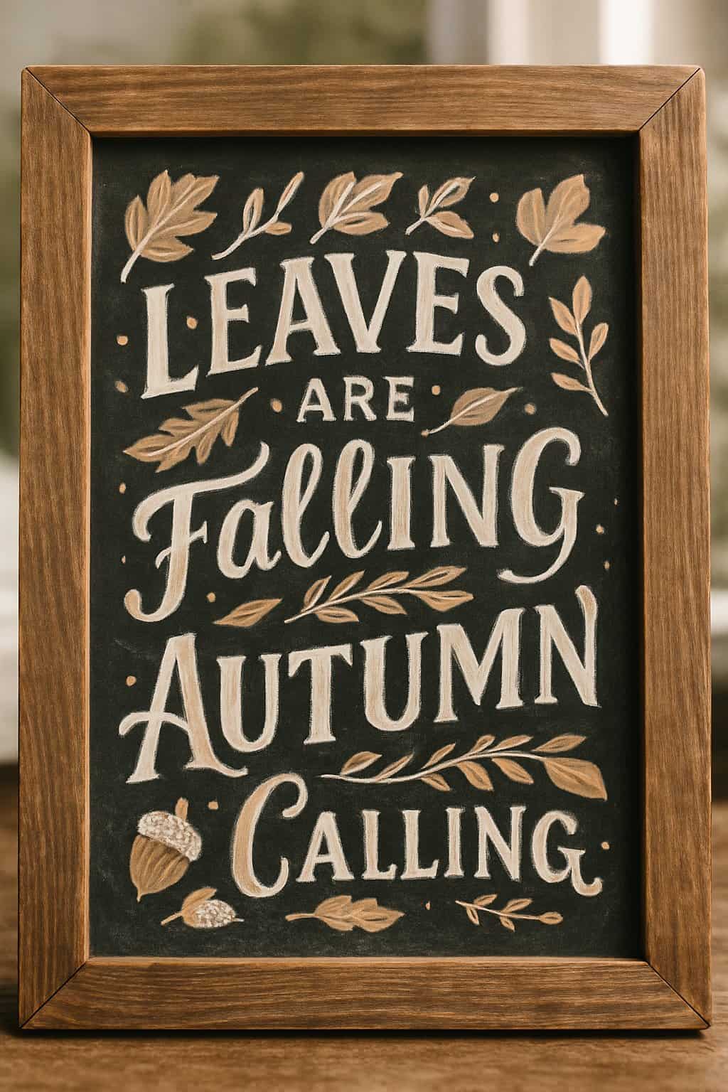 A rustic wood framed chalkboard sign decorated with autumn leaves and seasonal motifs.