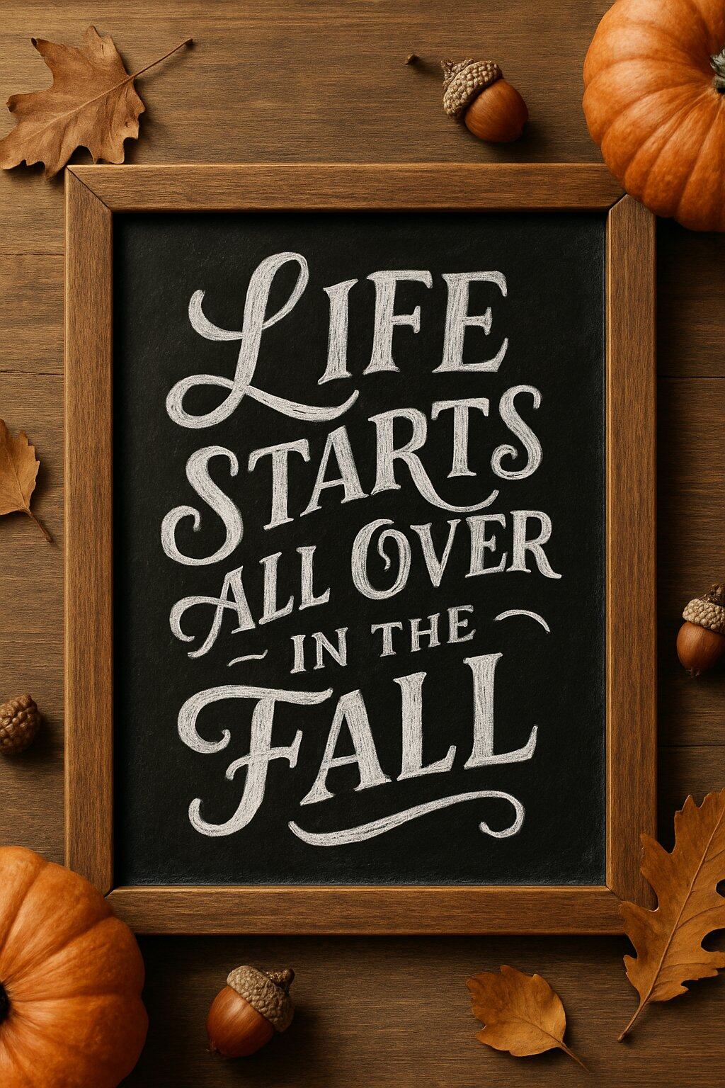 A rustic wood-framed chalkboard surrounded by autumn leaves and pumpkins, illuminated by soft natural light.