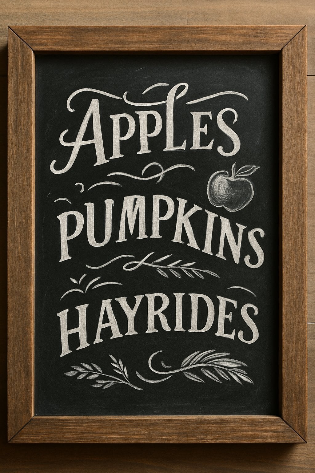 A wooden framed chalkboard sign with decorative fall-themed illustrations of apples, pumpkins, and hayrides.