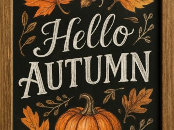 A decorative chalkboard sign with “Hello Autumn” written in white script, surrounded by orange leaves, acorns, branches, and a pumpkin, all framed in a wooden frame.
