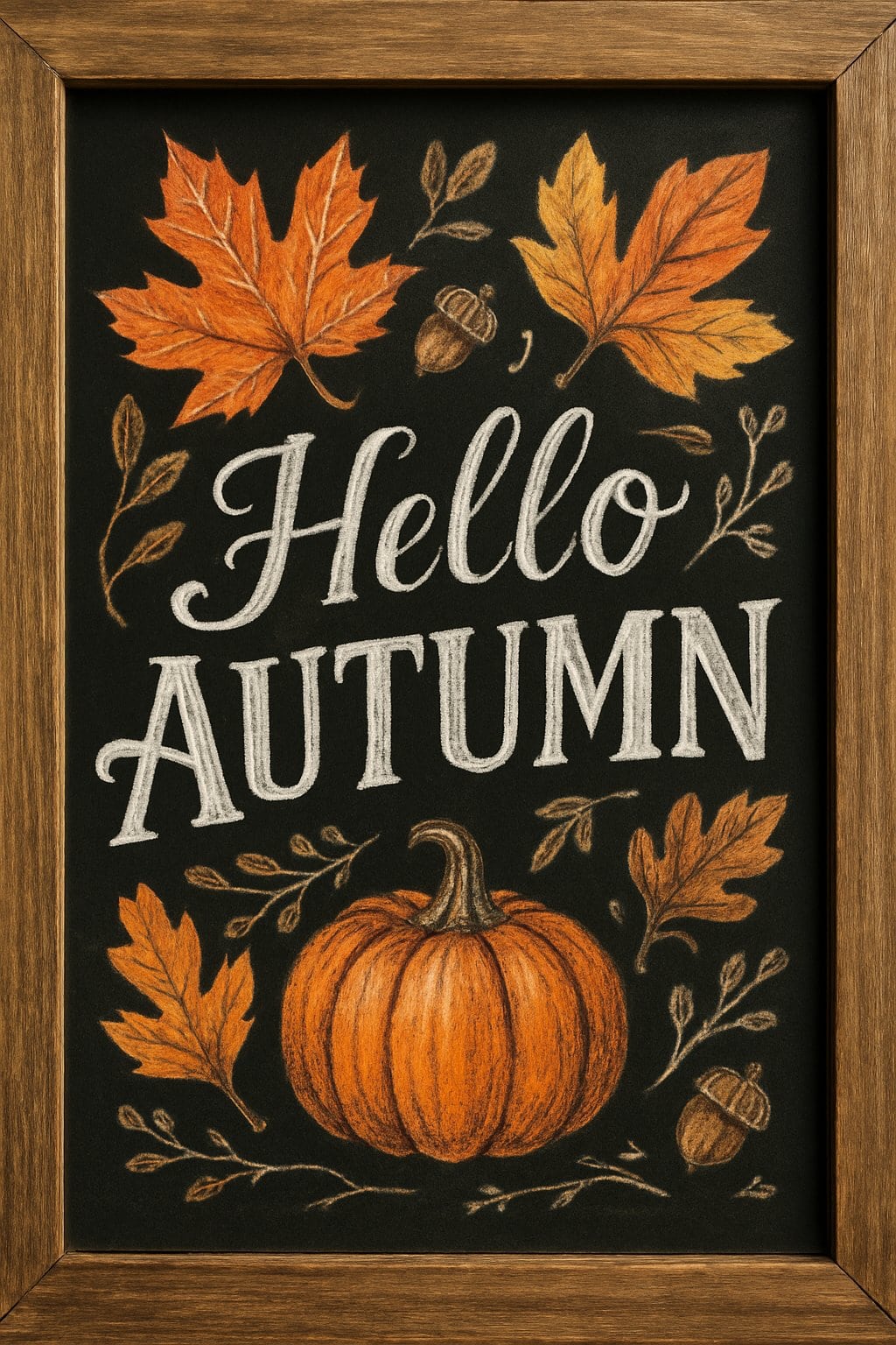 A wood-framed chalkboard sign featuring drawings of autumn leaves and a pumpkin.