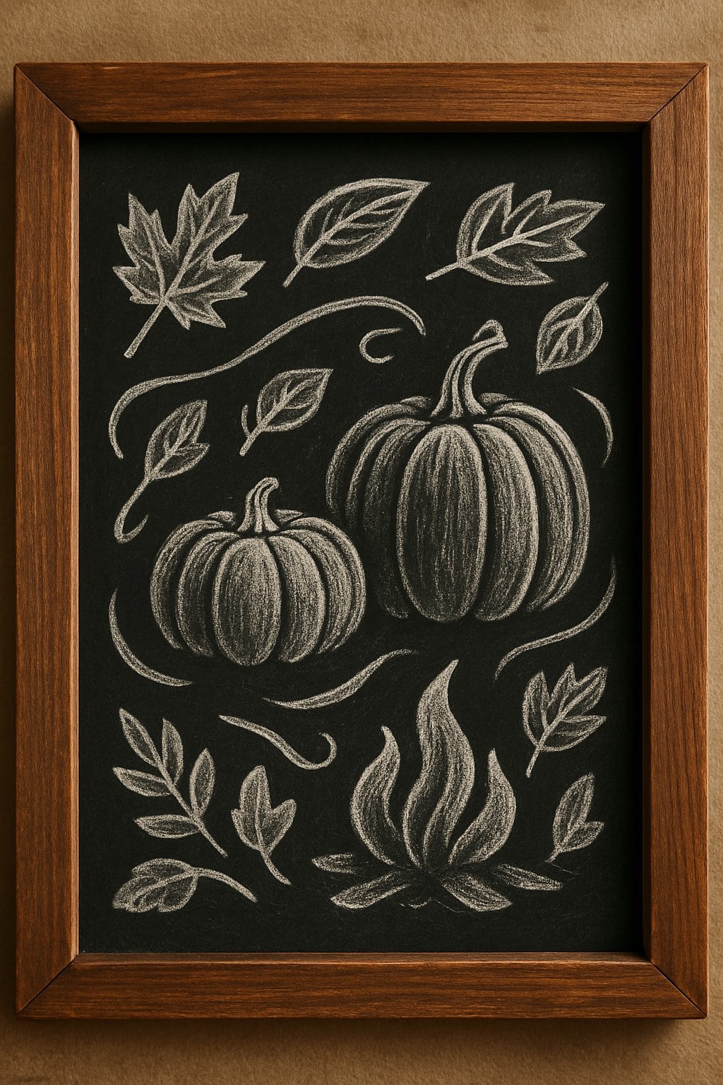 A wooden framed chalkboard with artistic autumn-themed drawings including leaves, pumpkins, and fire symbols.