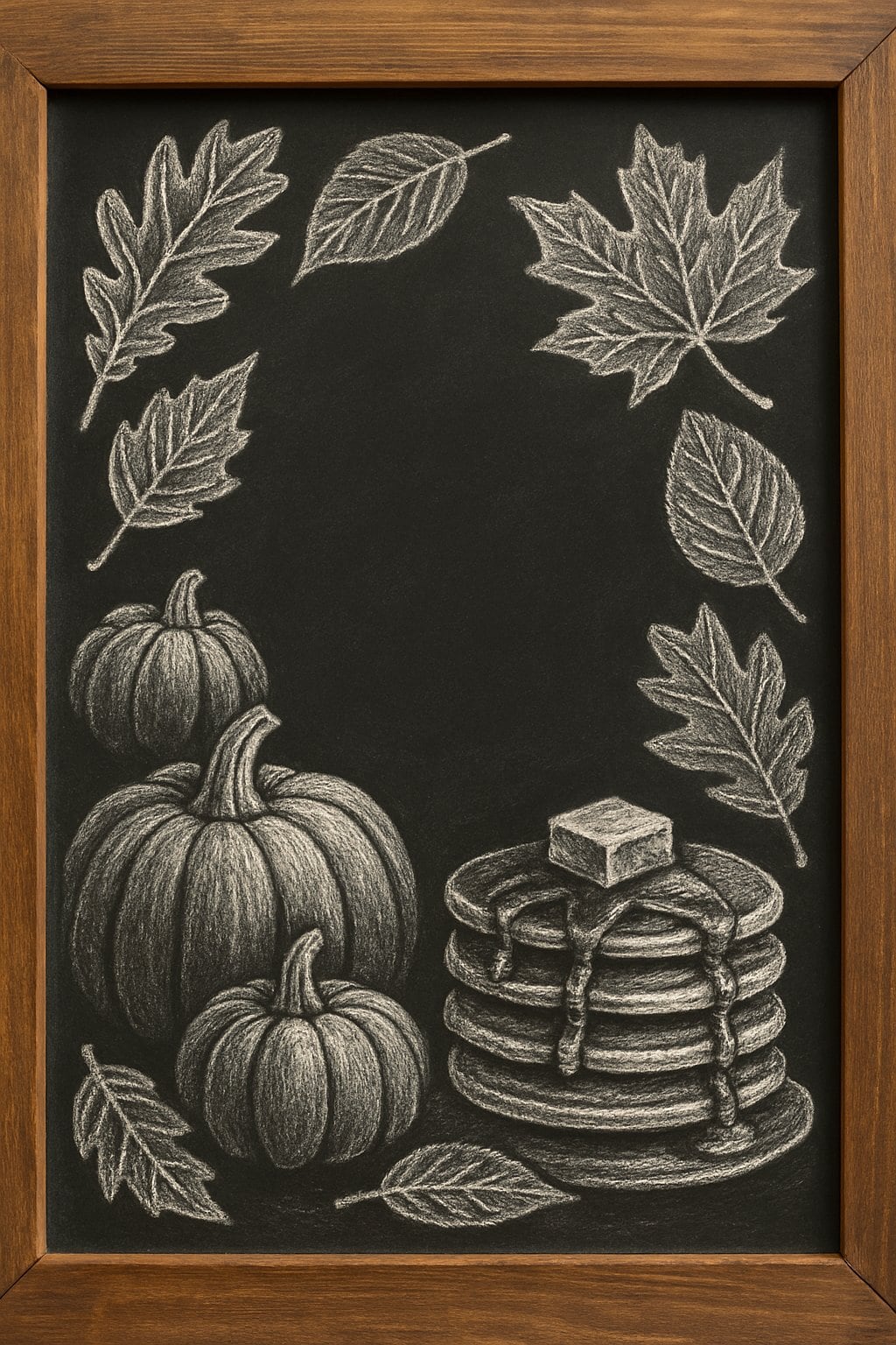 A wood framed chalkboard with drawings of autumn leaves, pumpkins, and pancakes arranged on its surface.