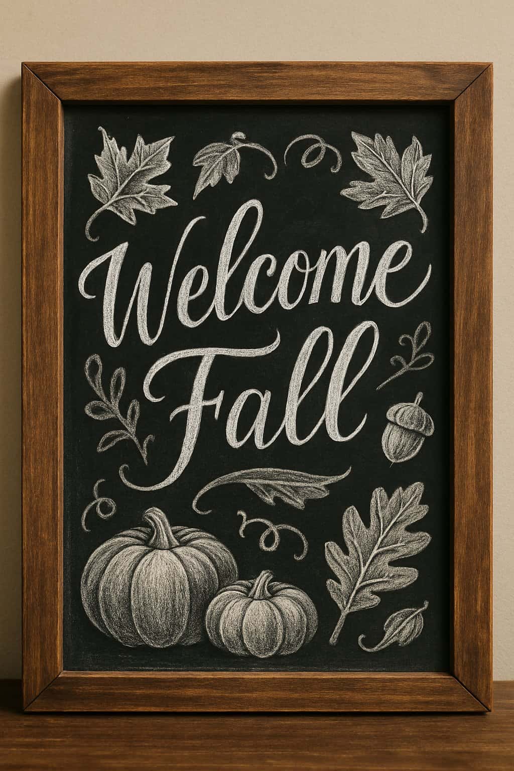 A wooden framed chalkboard with hand drawn fall-themed decorative elements and artistic lettering on a neutral background.