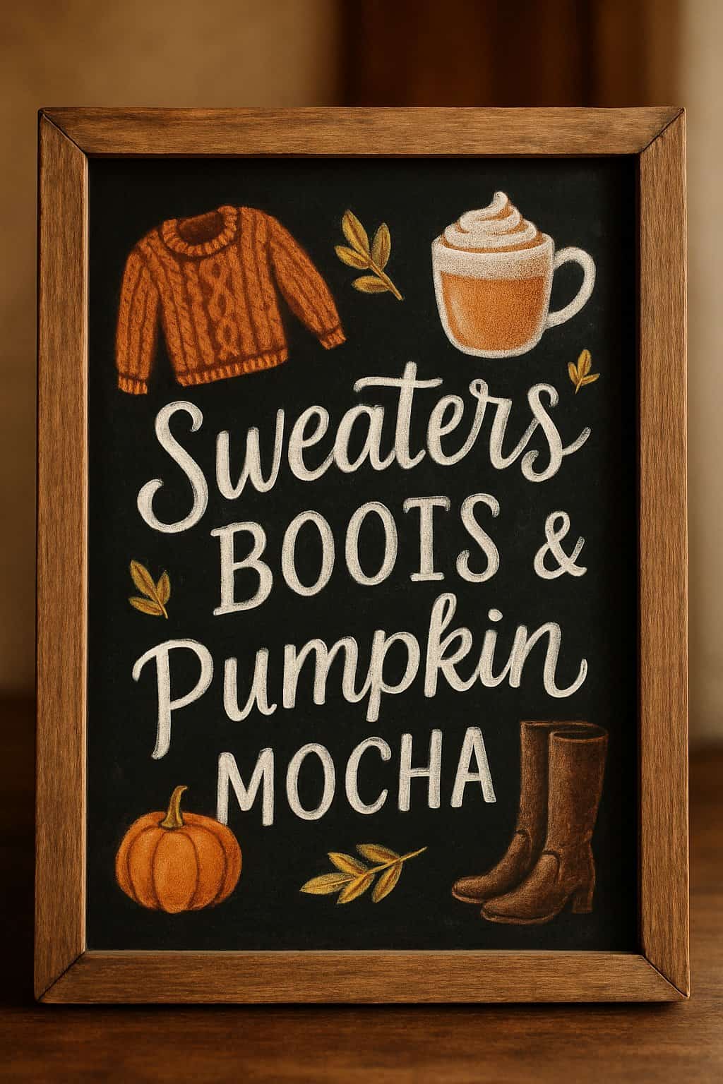 A wooden framed chalkboard sign featuring artistic fall-themed illustrations of sweaters, boots, and pumpkin mocha drinks.