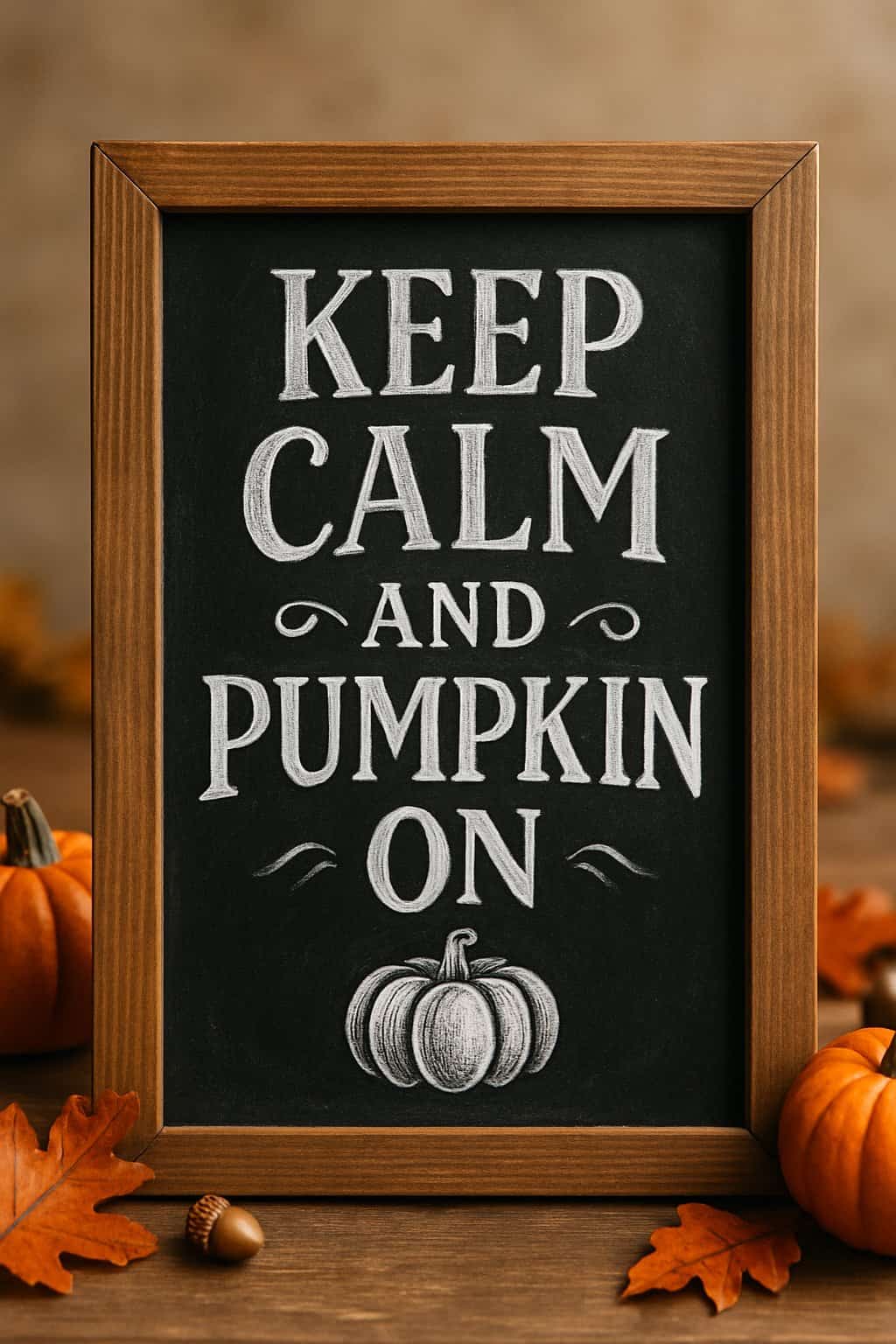A wood framed chalkboard sign surrounded by small pumpkins and autumn leaves on a rustic surface.