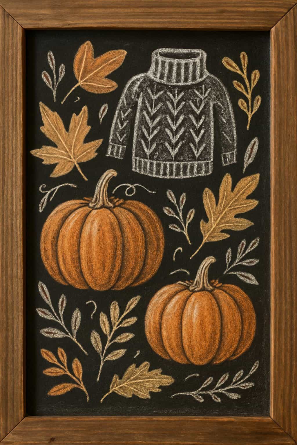 A wooden framed chalkboard displaying artistic drawings of leaves, pumpkins, and sweater patterns arranged neatly on the board.