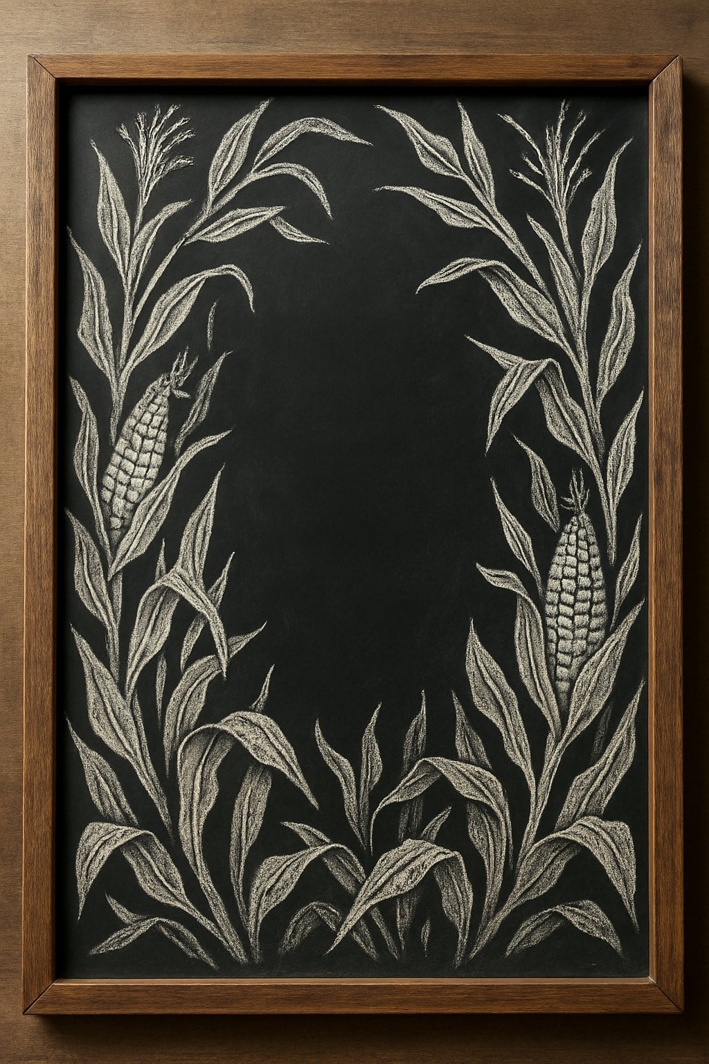 A wood framed chalkboard sign with chalk drawings of corn stalks surrounding an empty central area.