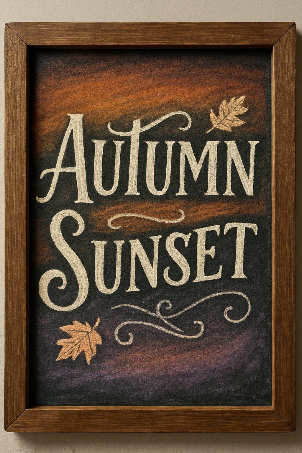 A wood-framed chalkboard sign displaying an autumn sunset gradient with fall-themed leaf decorations and artistic lettering.