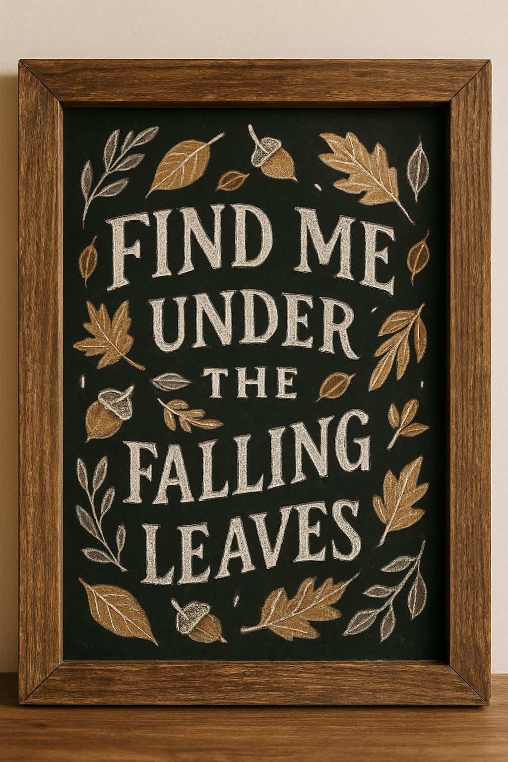 A rustic wooden framed chalkboard surrounded by autumn leaves and acorns.