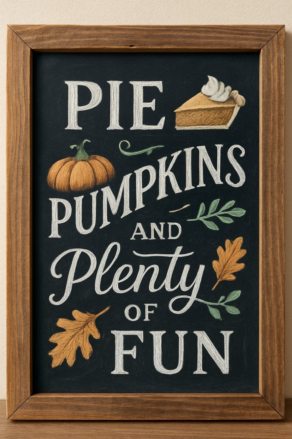 A rustic wood framed chalkboard featuring artistic autumn-themed illustrations of pumpkins, pie, and leaves with bold chalk textures.