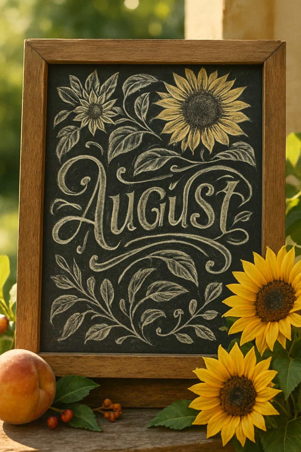 A wood-framed chalkboard sign with artistic chalk designs surrounded by summer flowers and fruits, lit by natural sunlight.