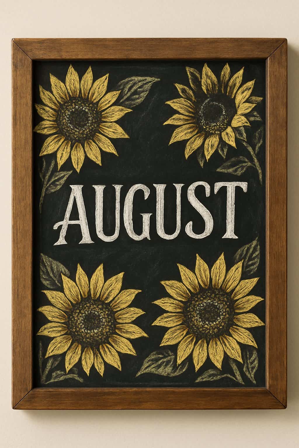 A wood framed chalkboard with detailed hand-drawn sunflowers around the edges.