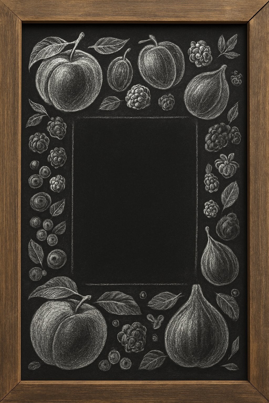A wood framed chalkboard with detailed chalk drawings of various seasonal fruits arranged around the edges.
