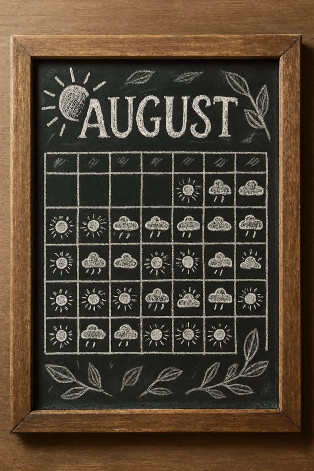 A wood-framed chalkboard displaying a calendar grid with weather icons and seasonal decorations.