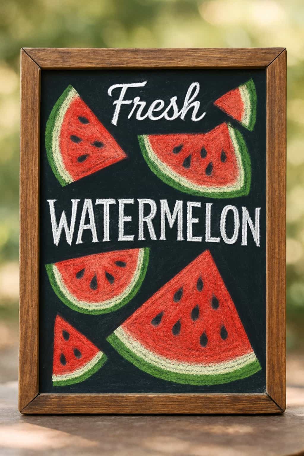 A wood framed chalkboard sign featuring colorful watermelon slice illustrations arranged on the board.