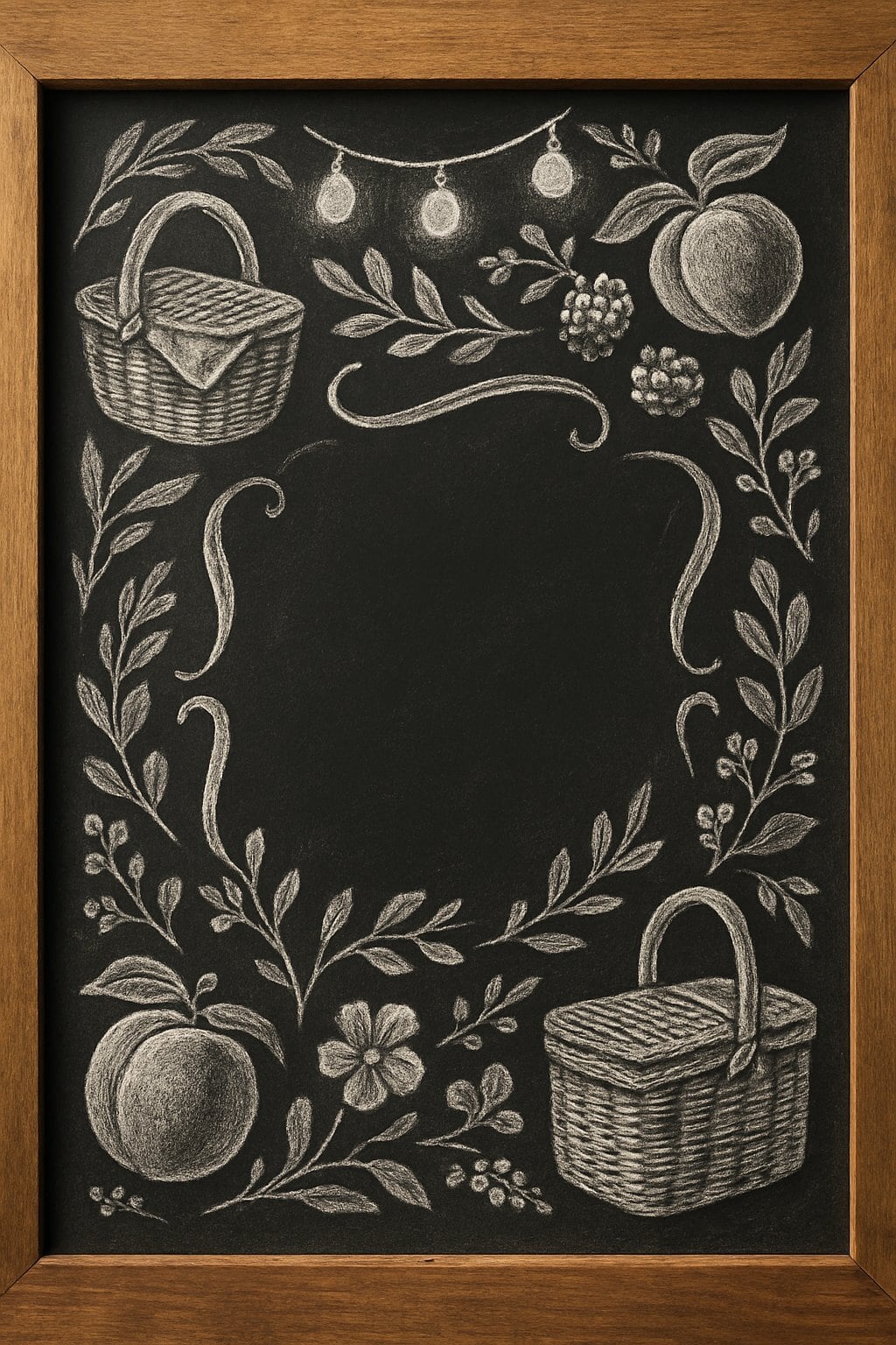 A wood framed chalkboard with artistic summer picnic illustrations including fruits, leaves, and picnic baskets, displayed in warm natural light.
