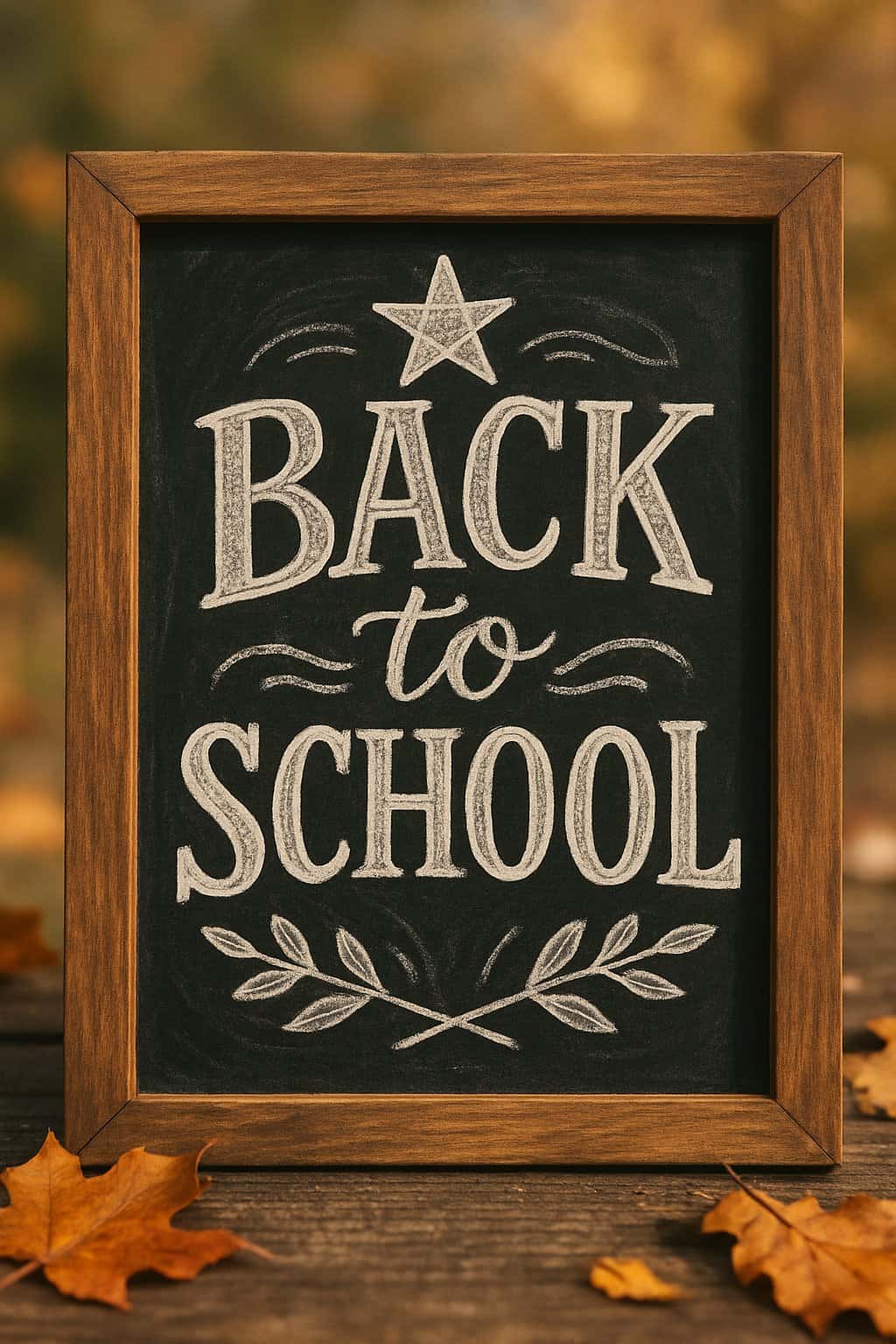 A wood framed chalkboard sign with artistic hand lettering surrounded by autumn leaves and warm natural light.