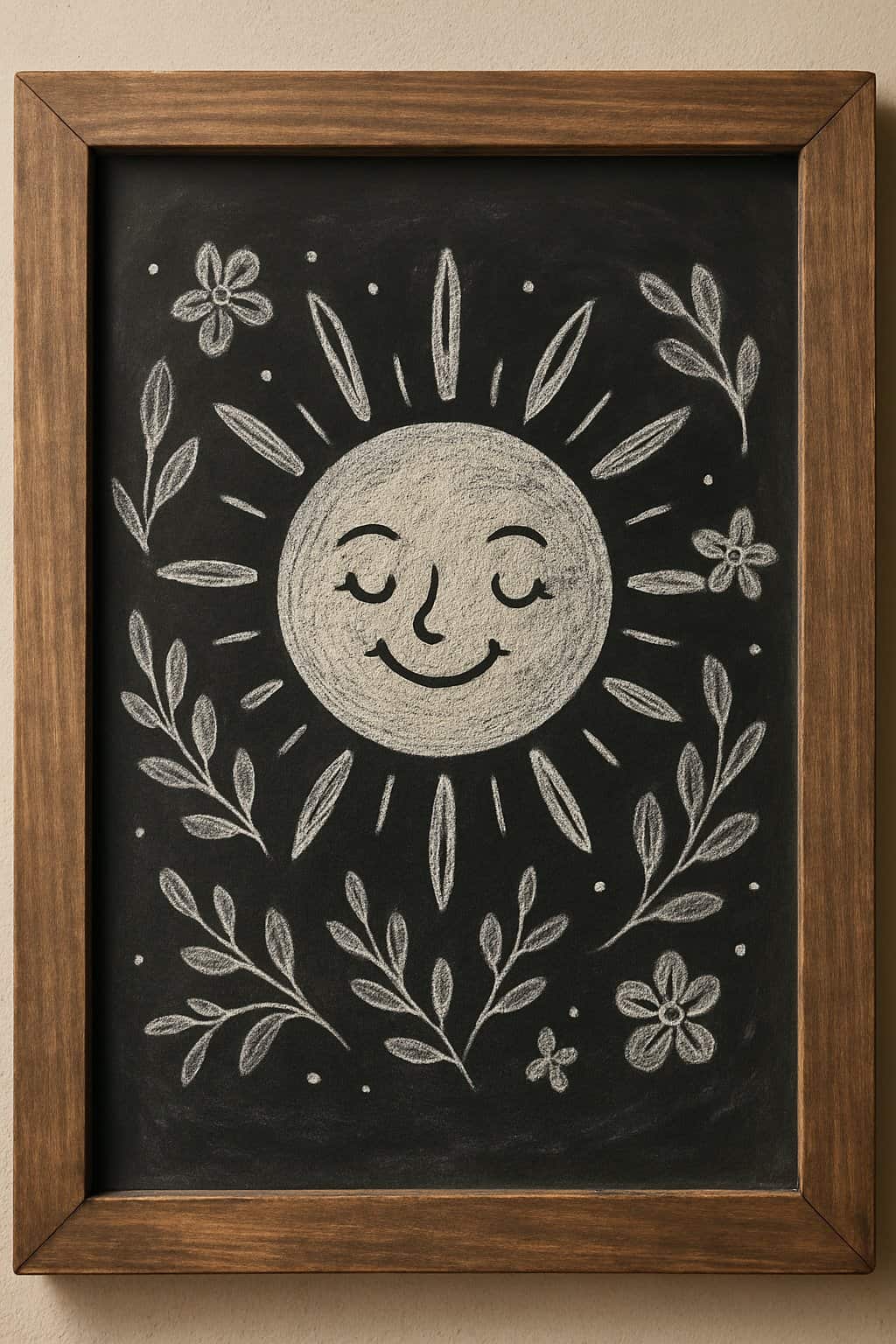 A chalkboard sign with a smiling sun illustration surrounded by seasonal summer leaves and flowers, framed in rustic wood.