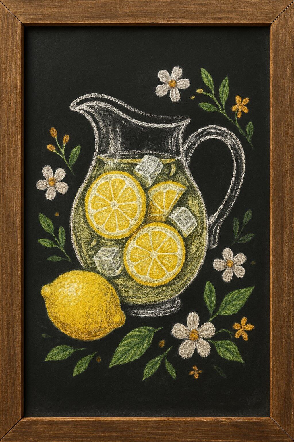 A chalkboard with a wooden frame showing a hand-drawn lemonade pitcher surrounded by summer flowers and citrus leaves.