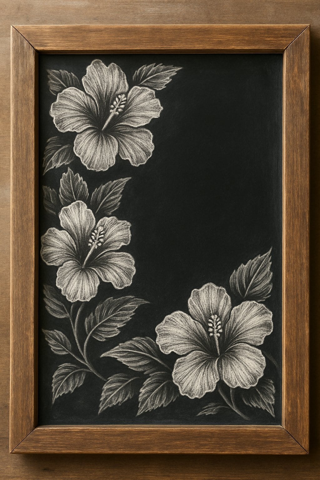 A wooden framed chalkboard decorated with blooming hibiscus flowers and artistic chalk designs illuminated by natural light.