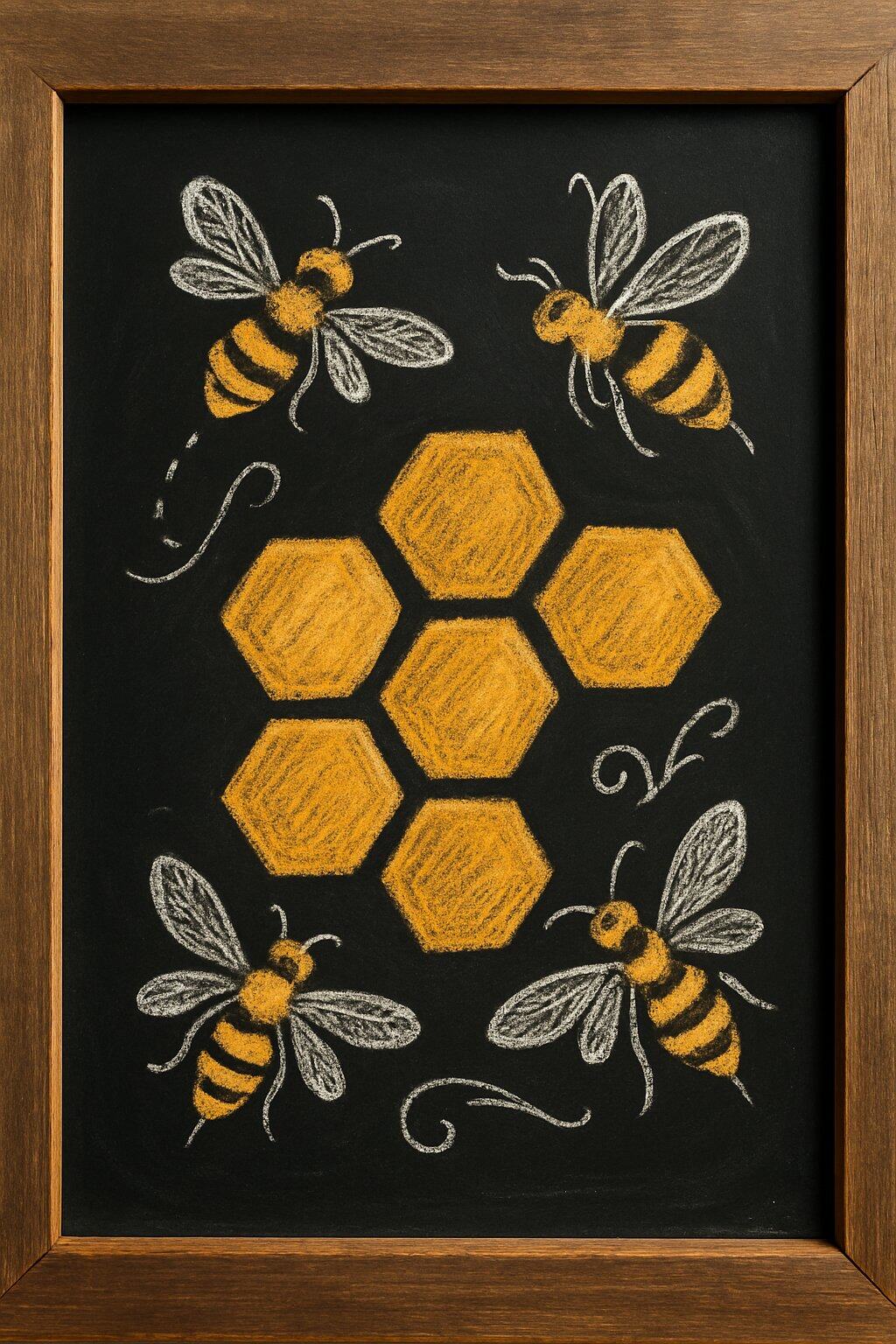A wood framed chalkboard with chalk drawings of bees and honeycomb patterns on a black background.