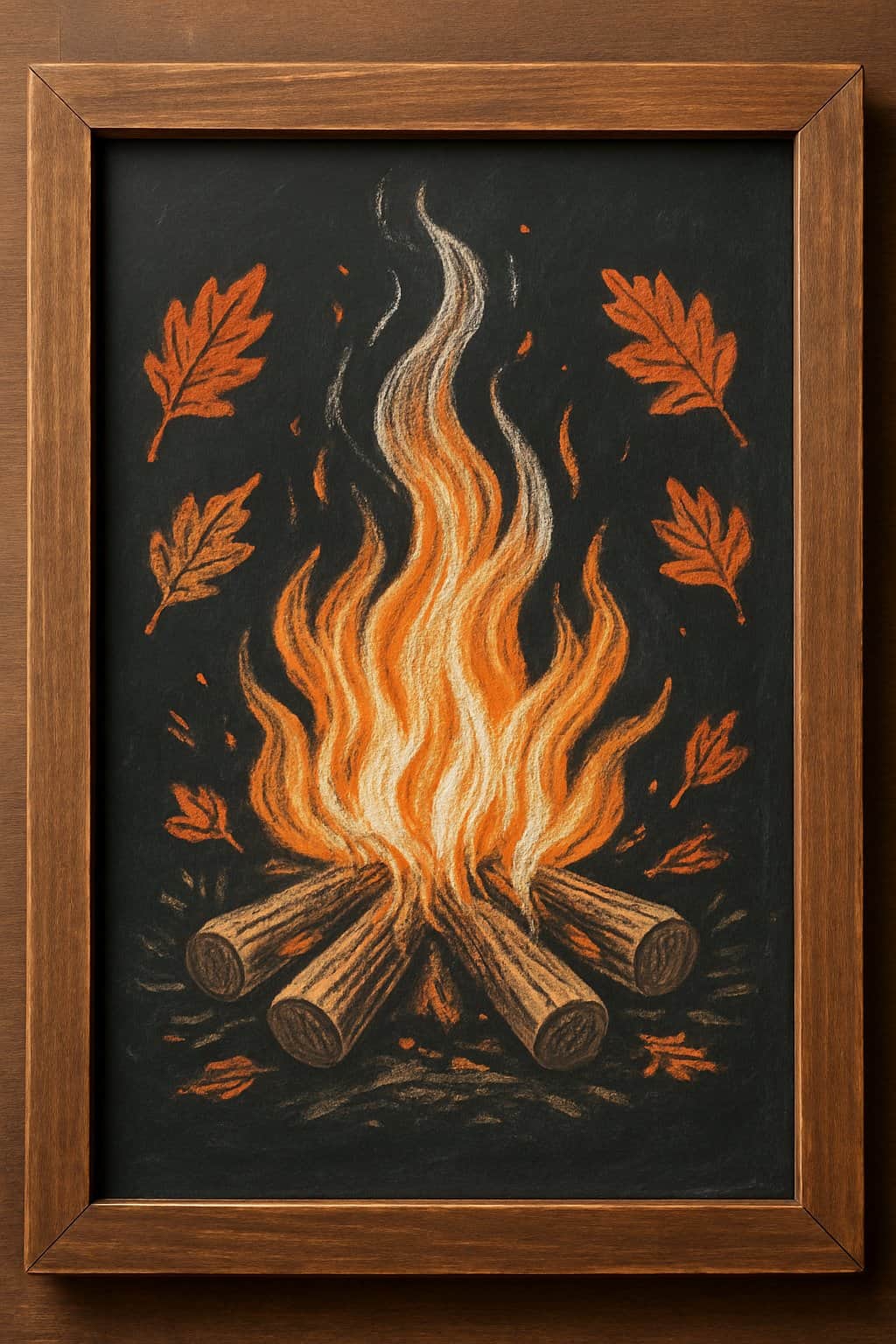 A chalkboard sign with a wood frame displaying a detailed drawing of an outdoor campfire surrounded by leaves.