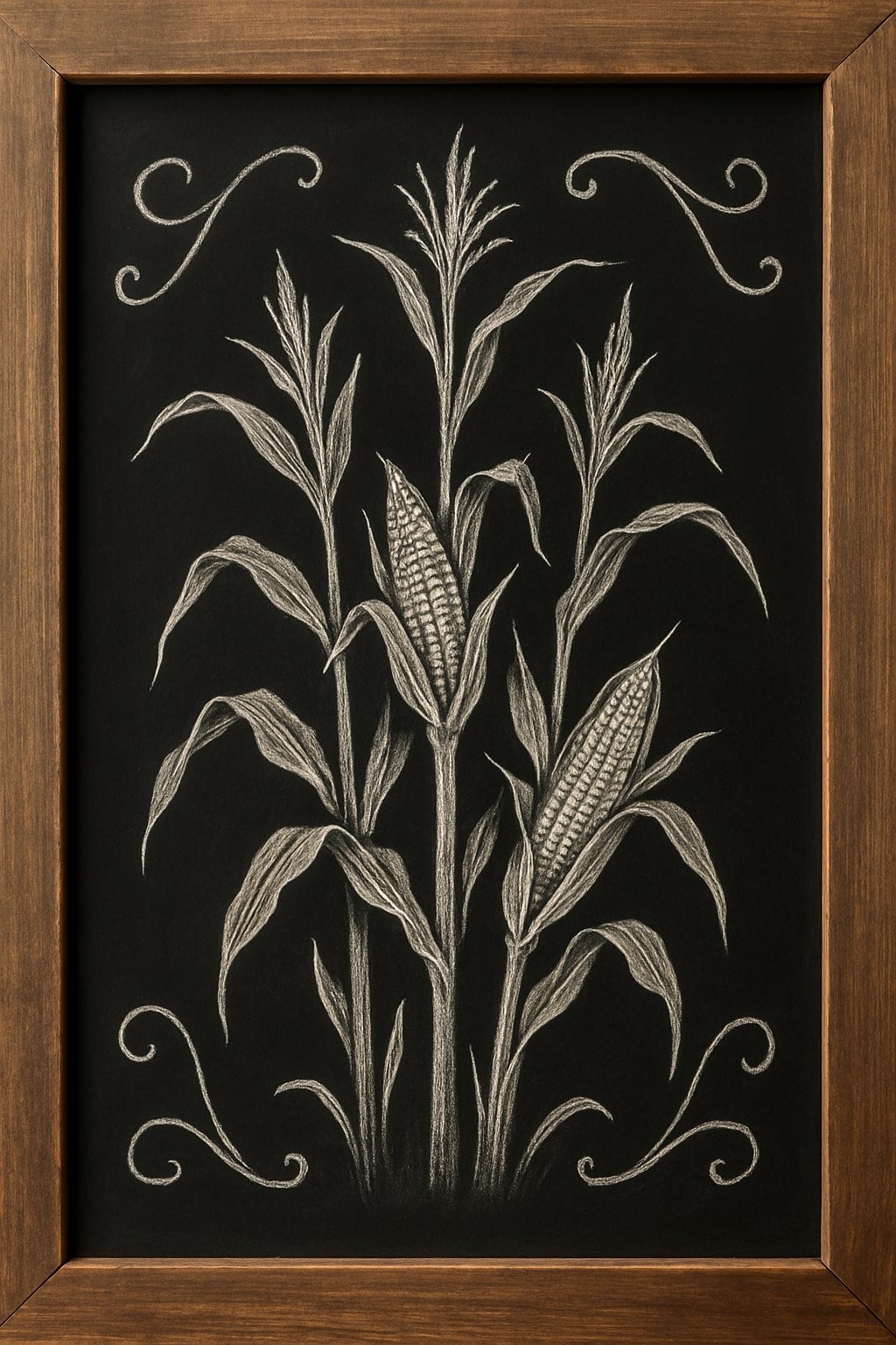 A wood framed chalkboard sign displaying a detailed chalk sketch of corn stalks with ears of corn.