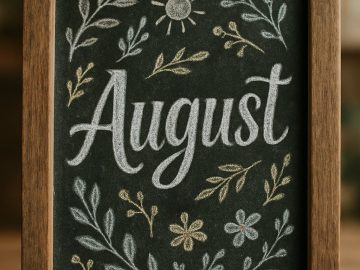 A framed chalkboard with the word "August" written in large cursive letters, surrounded by drawings of leaves, flowers, and a small sun.