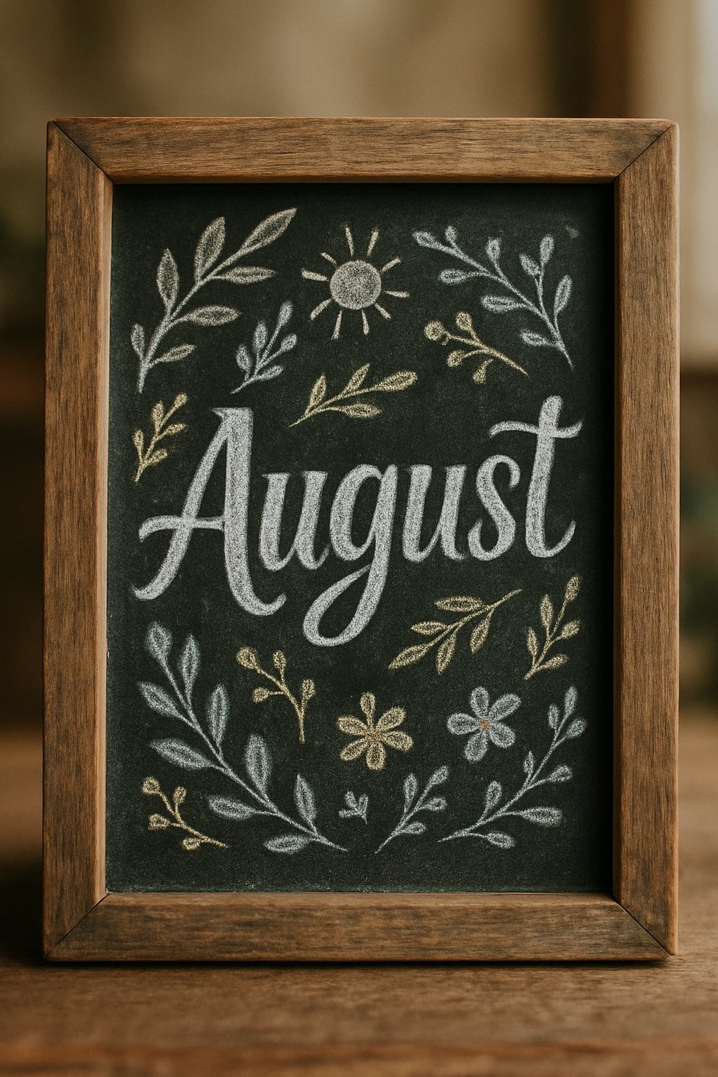 A rustic wood-framed chalkboard sign with artistic chalk designs and natural lighting, surrounded by subtle seasonal decorations.