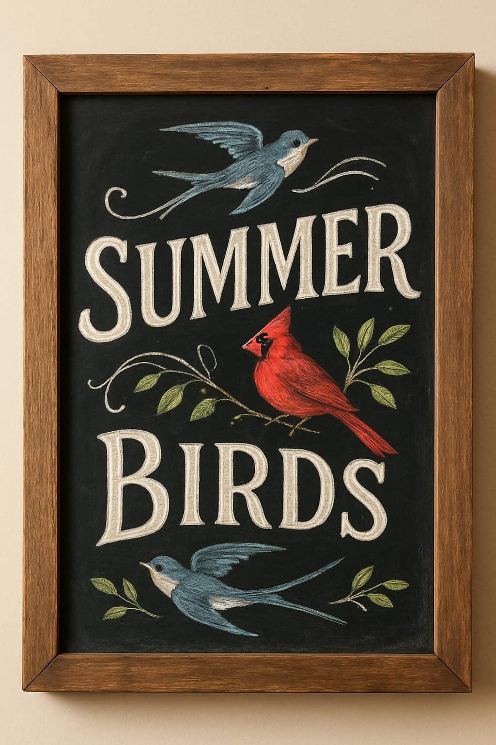 A wood-framed chalkboard sign with hand-drawn illustrations of summer birds and decorative lettering.