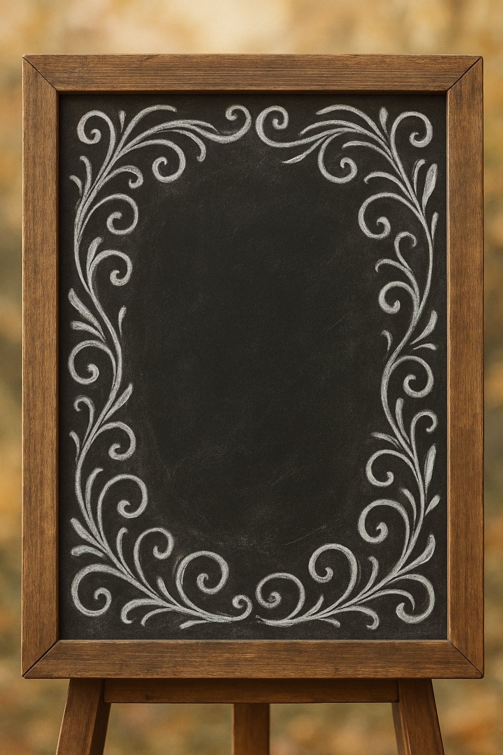 A wood framed chalkboard with decorative chalk swirl borders and a blank center, displayed in natural light.