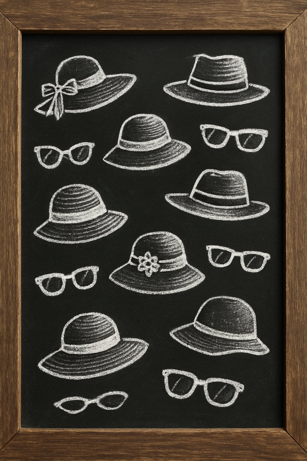 A rustic wooden framed chalkboard with playful drawings of summer hats and sunglasses on a dark background.