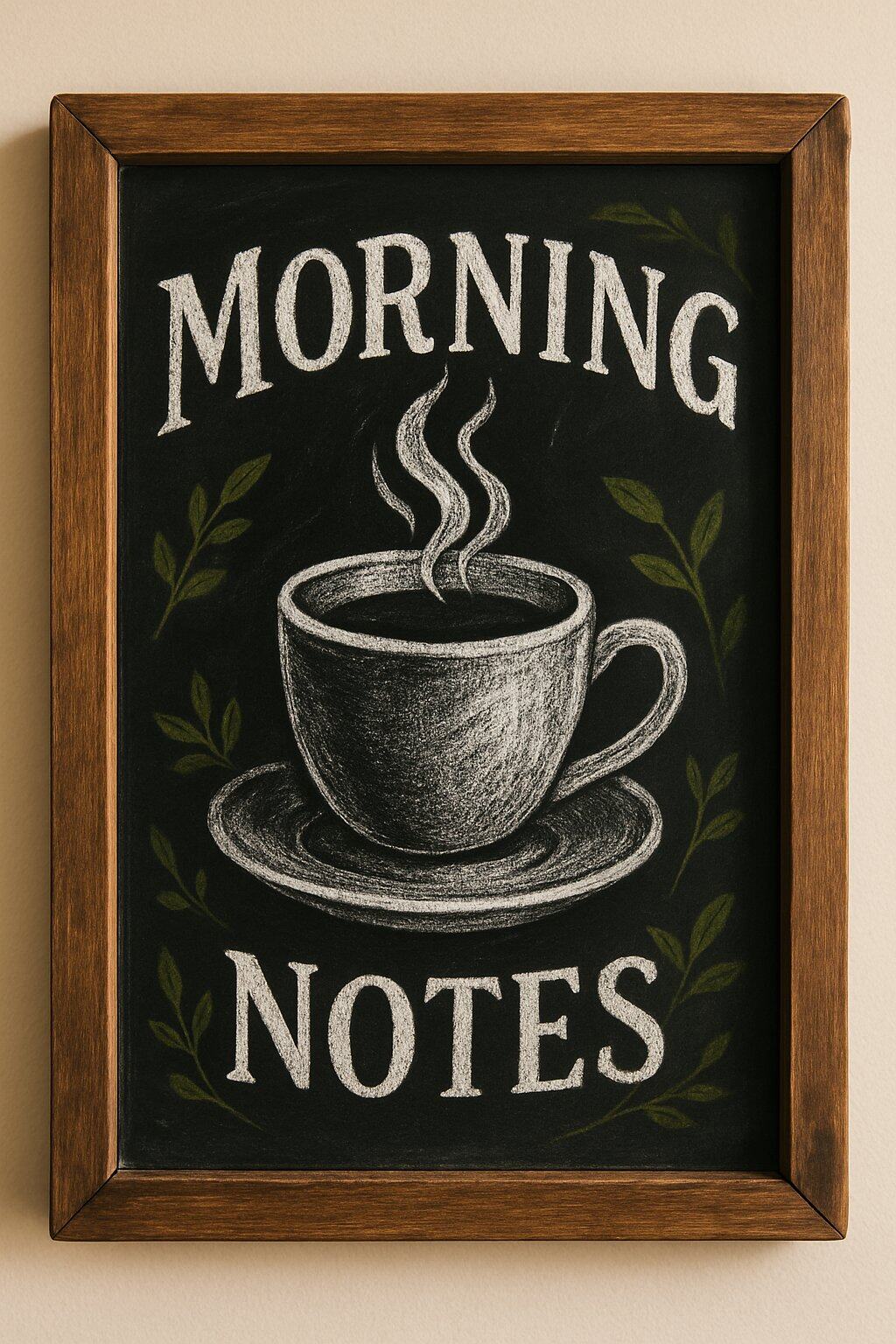 A wood framed chalkboard sign featuring a hand drawn steaming coffee cup surrounded by decorative chalk illustrations.