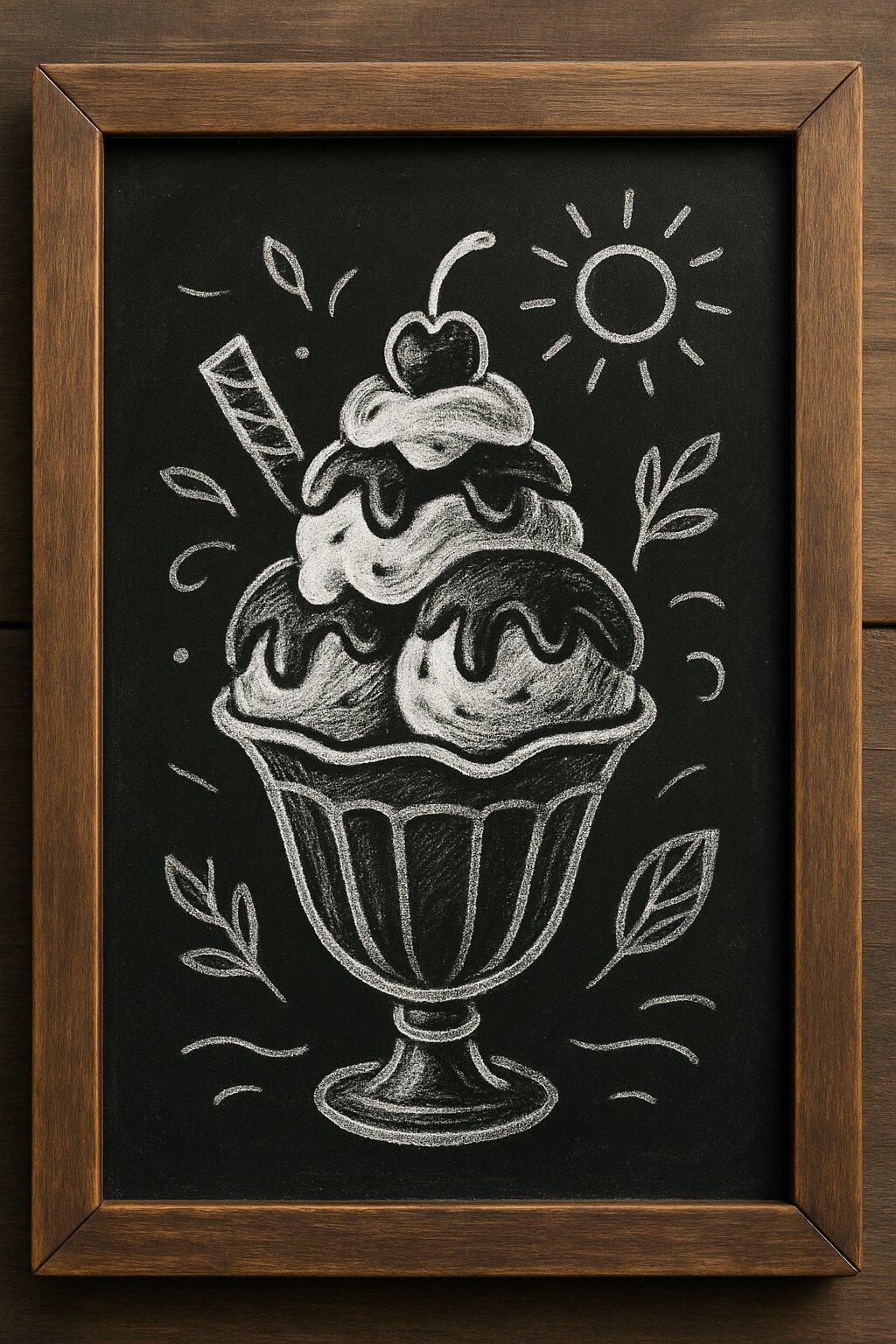 A wood-framed chalkboard sign displaying a detailed chalk drawing of an ice cream sundae with decorative elements around it.