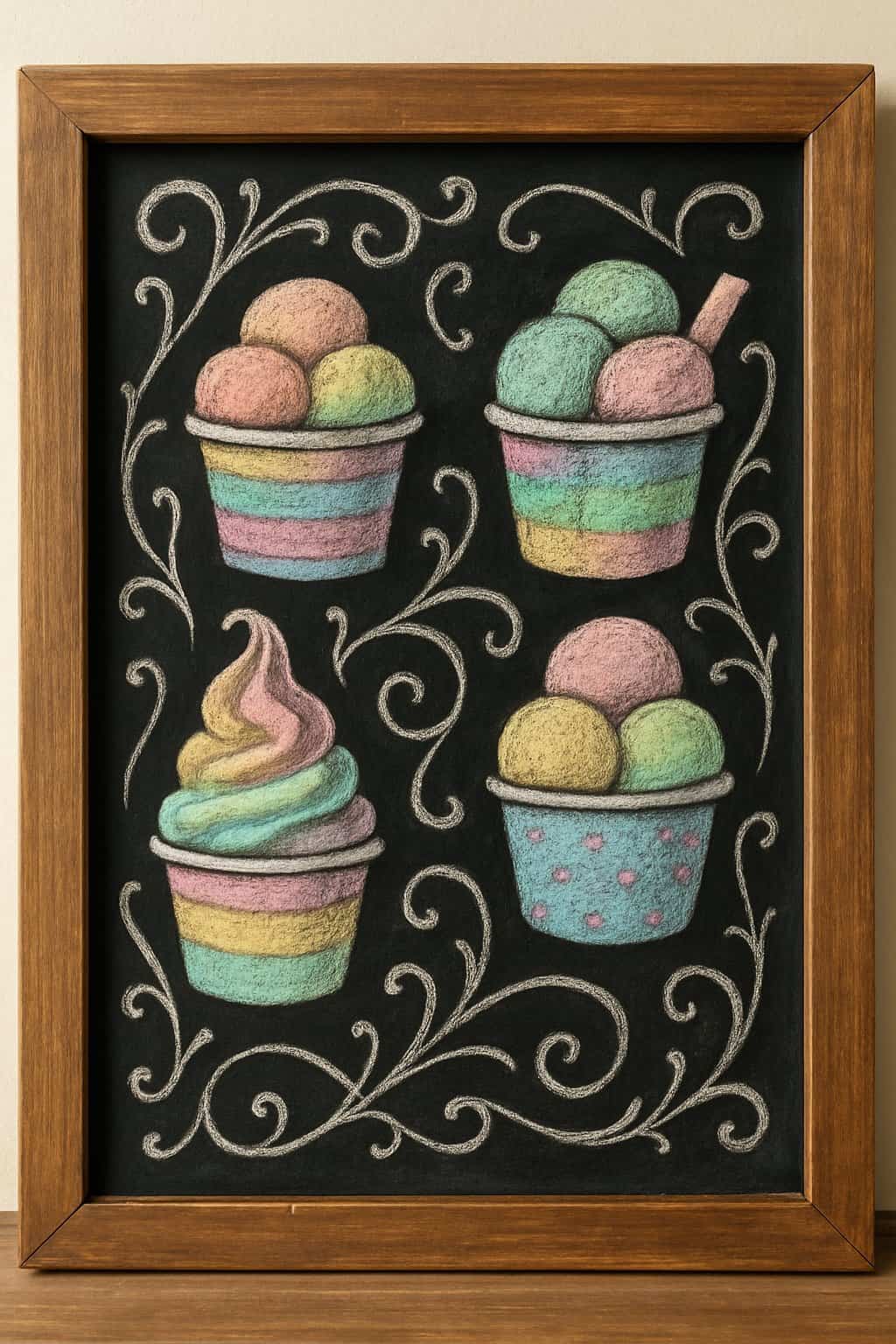 A wood framed chalkboard sign displaying colorful pastel ice cream cup illustrations arranged on a dark surface.