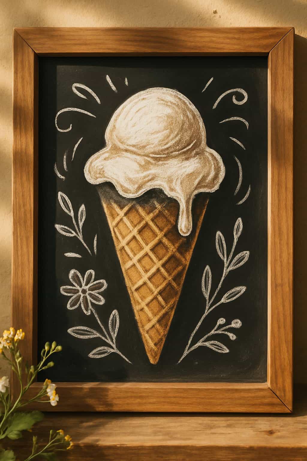 A chalkboard sign with a drawing of a waffle cone holding a melting scoop of ice cream, framed by wood.