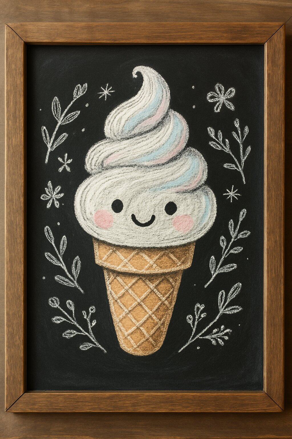 A chalkboard sign with a cute smiling ice cream character drawn on it, framed in wood and decorated with seasonal accents.