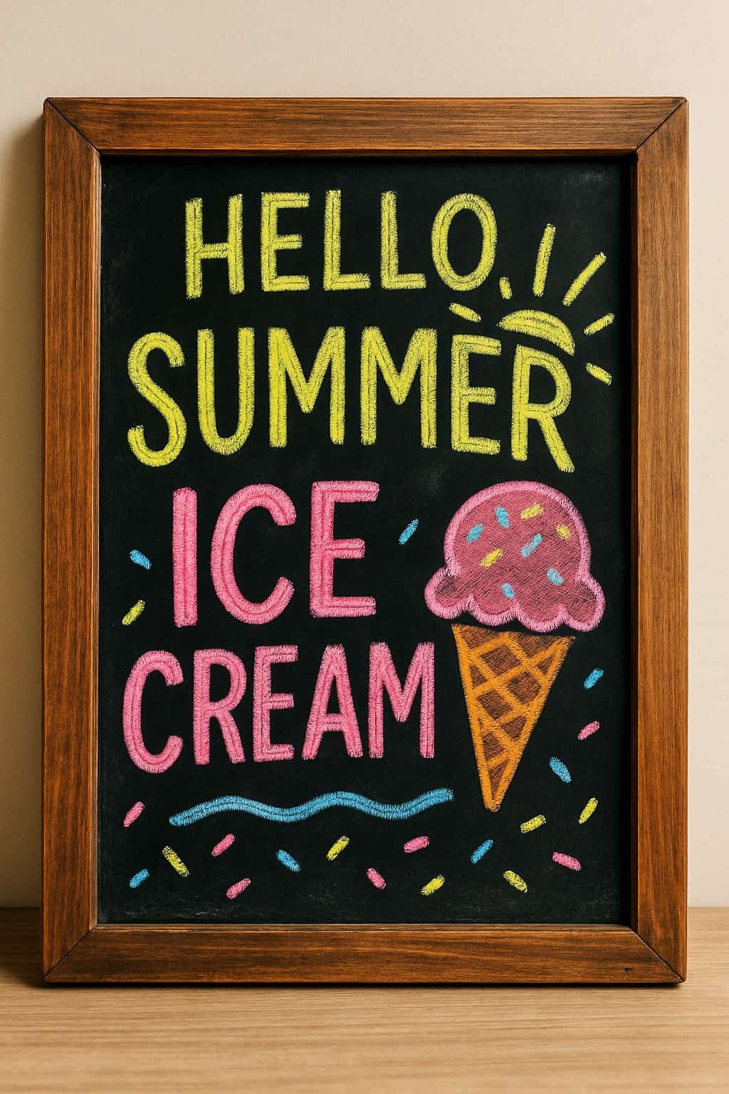 A wood framed chalkboard sign decorated with colorful ice cream-themed illustrations and artistic lettering, illuminated by natural light.