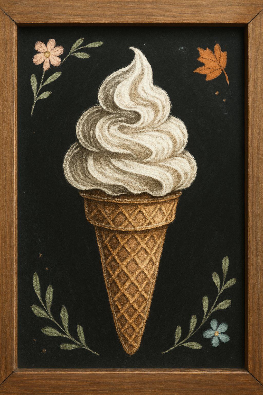A chalkboard sign with a wooden frame displaying an illustration of an ice cream cone with a waffle pattern on the cone, surrounded by small seasonal decorations.