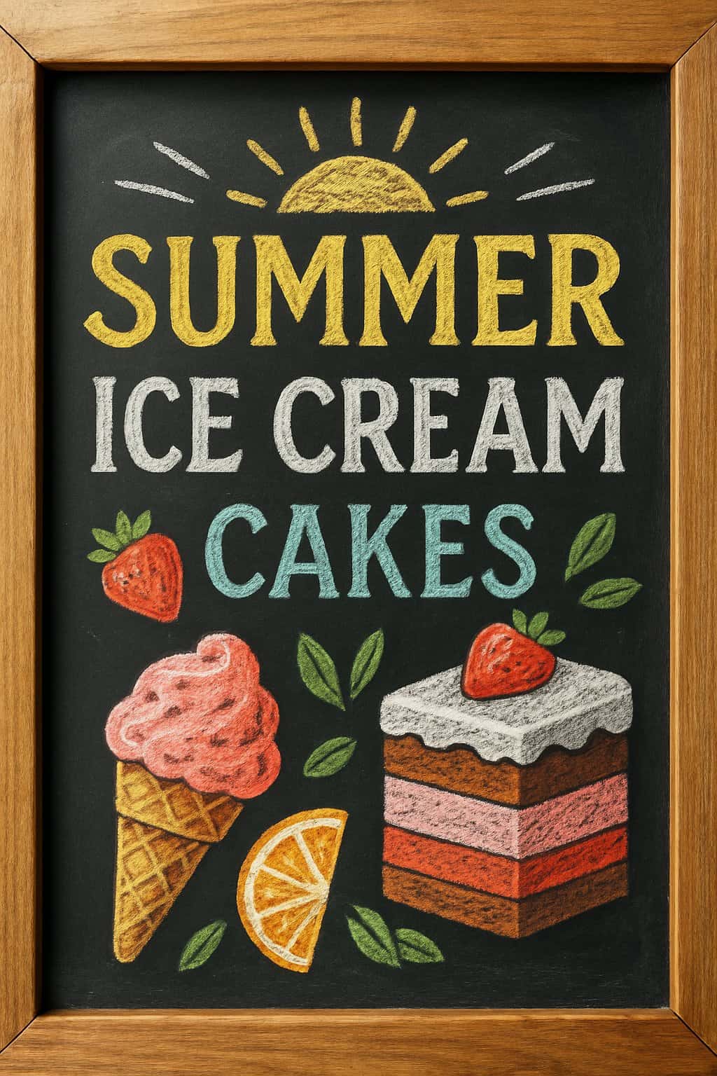 A chalkboard sign with colorful summer ice cream cake illustrations and decorative elements framed by wood.