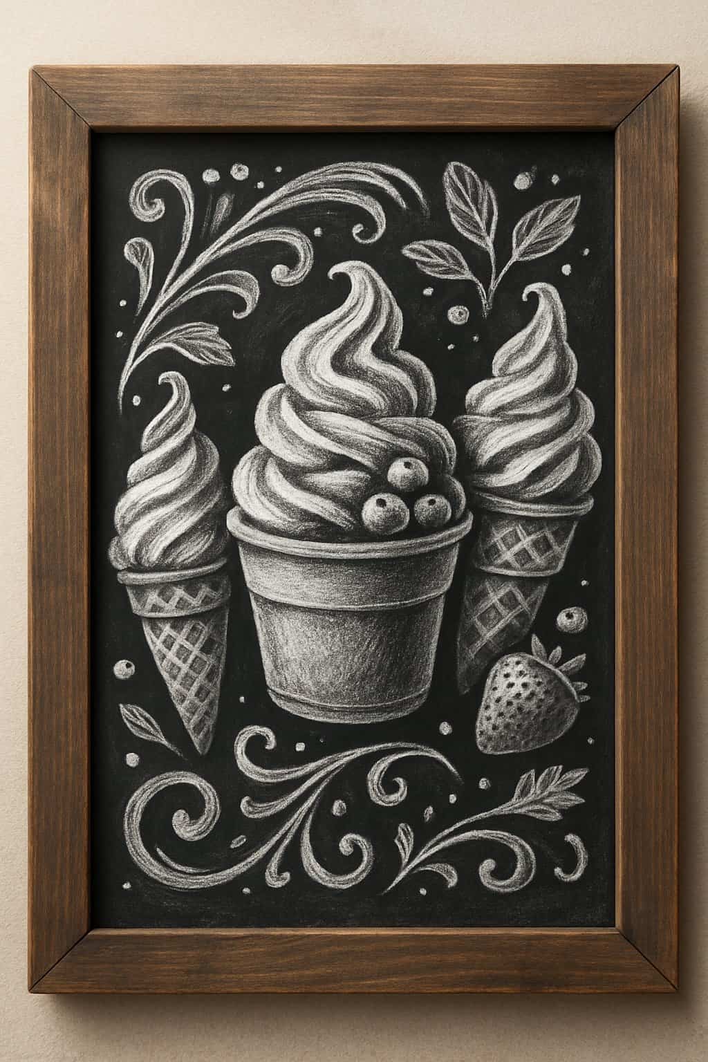 A rustic wooden framed chalkboard with artistic drawings of frozen yogurt swirls and ice cream cones.